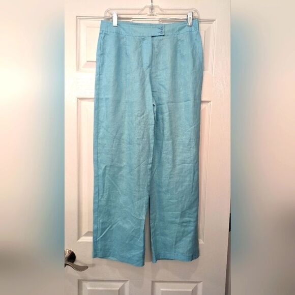 Liz Claiborne Audra Size 6 Linen Wide Leg Pants Beach Summer teal blue boho zip - Picture 1 of 10